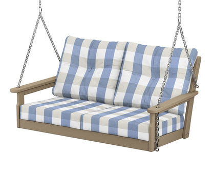 POLYWOOD® Vineyard Deep Seating Swing in Vintage Sahara / Buffalo Plaid Sky Blue