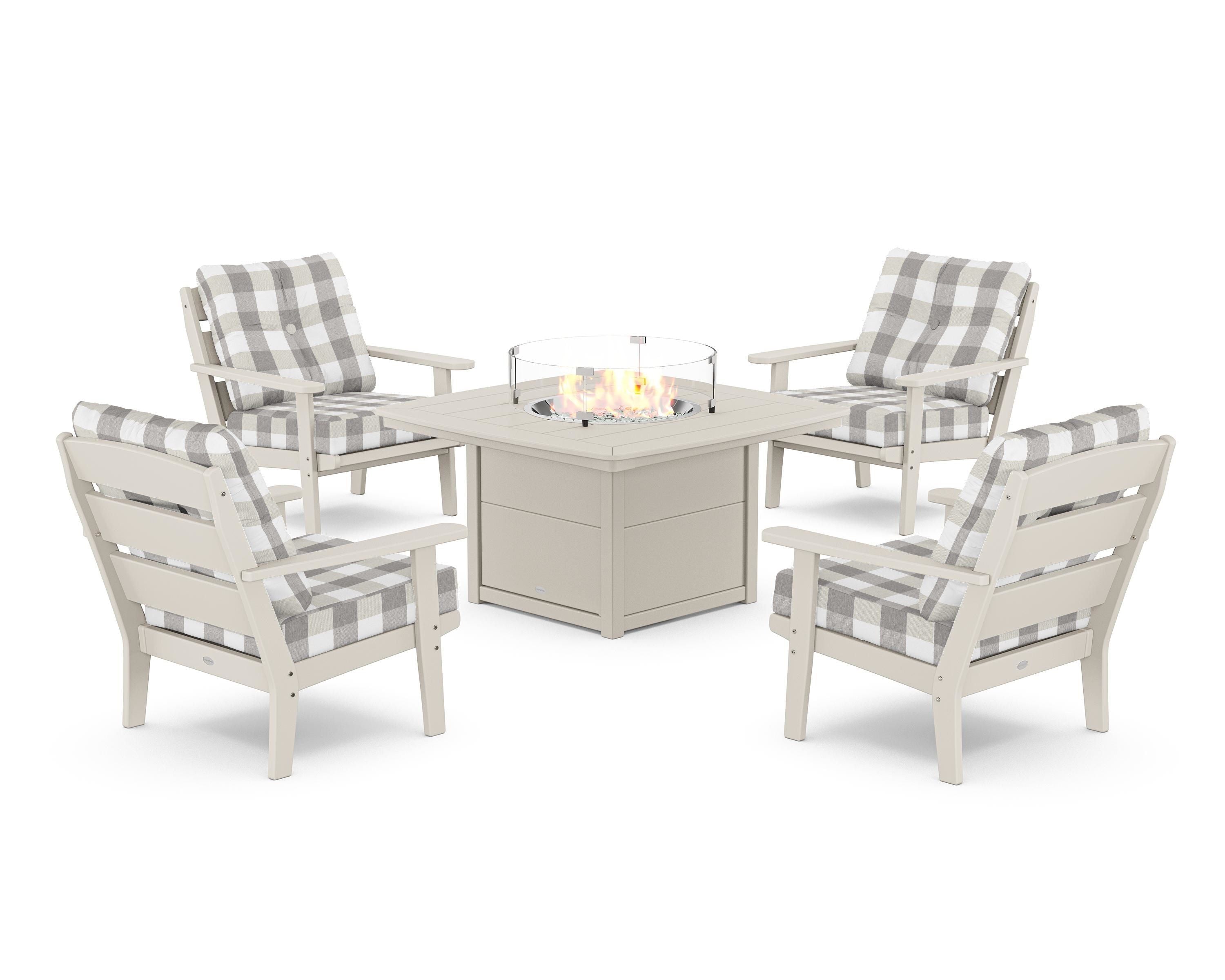POLYWOOD® Lakeside 5-Piece Deep Seating Set with Nautical Fire Pit Table in Sand / Buffalo Plaid Grey Mist