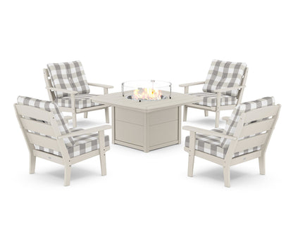 POLYWOOD® Lakeside 5-Piece Deep Seating Set with Nautical Fire Pit Table in Sand / Buffalo Plaid Grey Mist