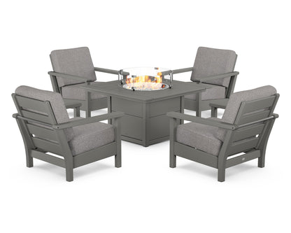 POLYWOOD® Harbour 5-Piece Conversation Set with Fire Pit Table in Slate Grey / Grey Mist