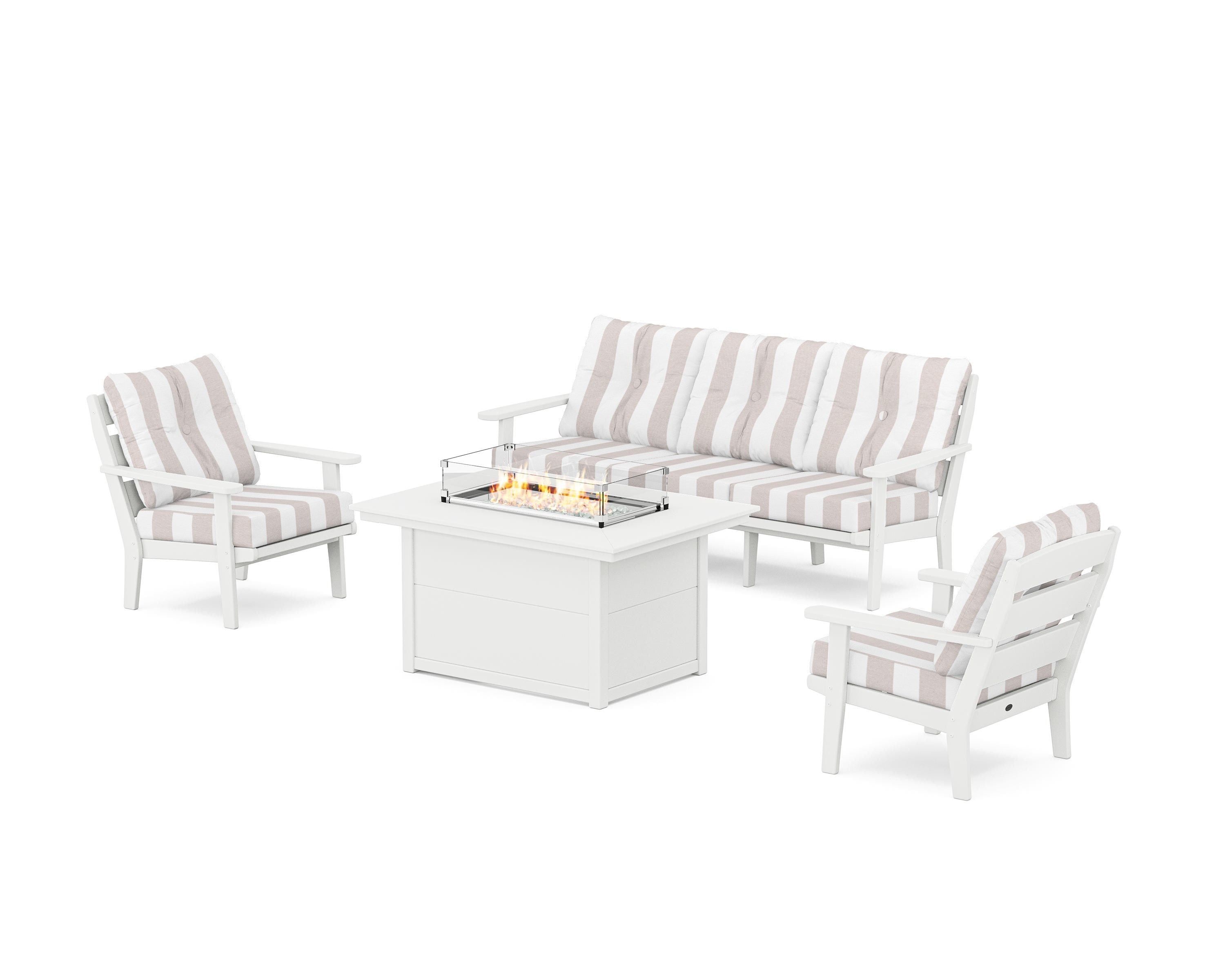 POLYWOOD® Lakeside Deep Seating Fire Pit Table Set in White / Cabana Stripe Dune Burlap