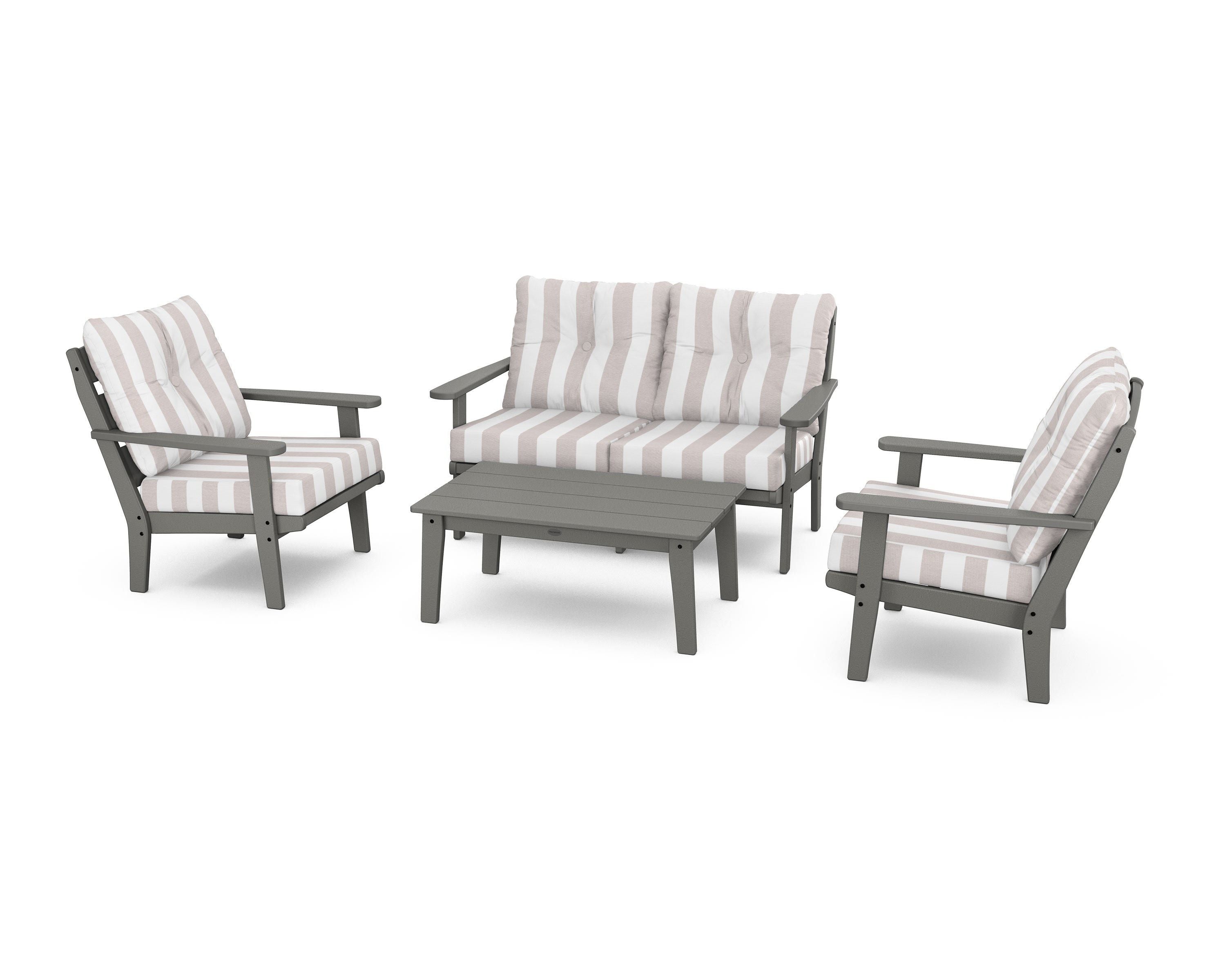 POLYWOOD® Lakeside 4-Piece Deep Seating Set in Slate Grey / Cabana Stripe Dune Burlap