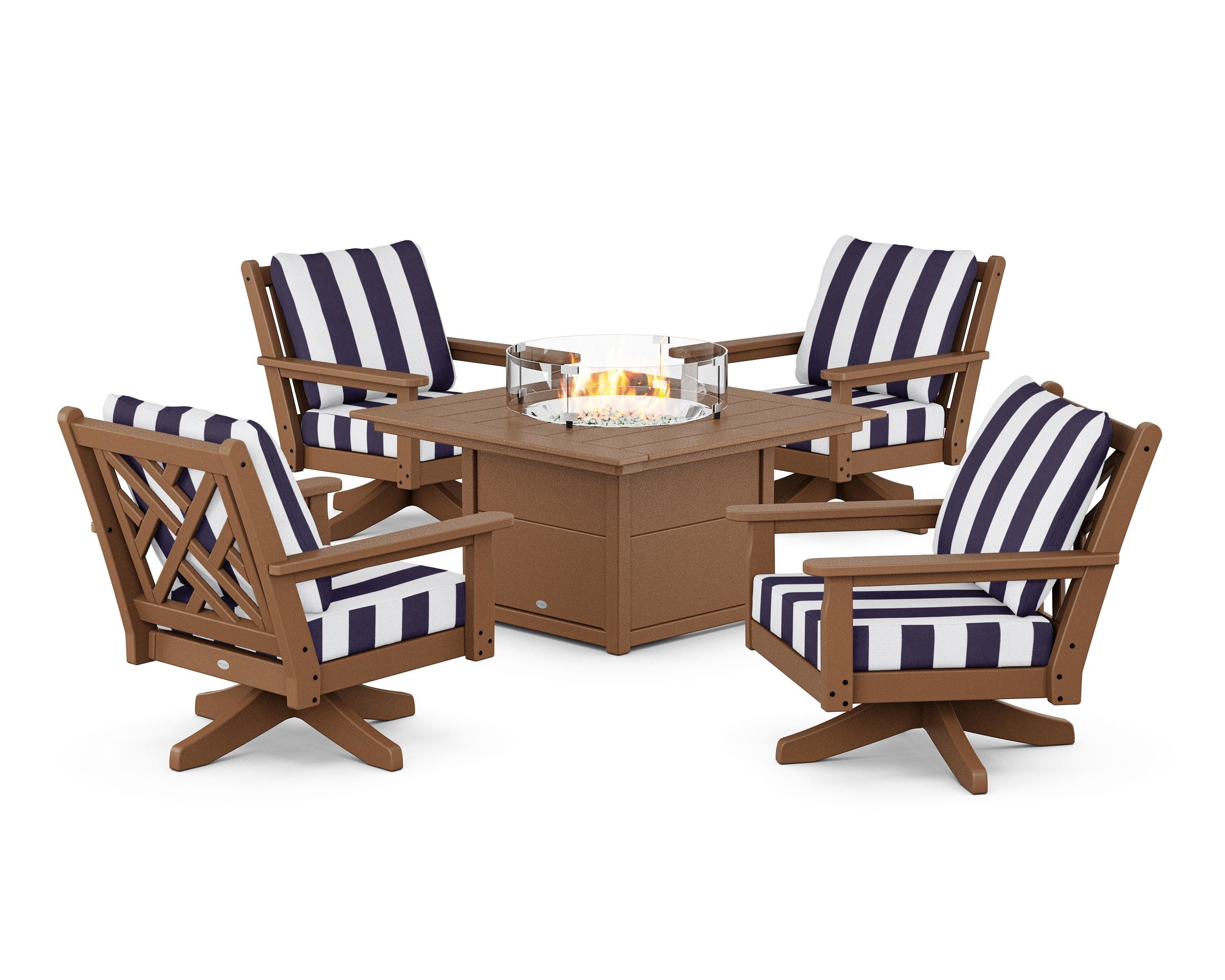 POLYWOOD® Chippendale 5-Piece Deep Seating Swivel Conversation Set with Fire Pit Table in Teak / Cabana Stripe Navy