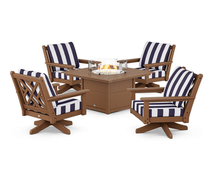POLYWOOD® Chippendale 5-Piece Deep Seating Swivel Conversation Set with Fire Pit Table in Teak / Cabana Stripe Navy