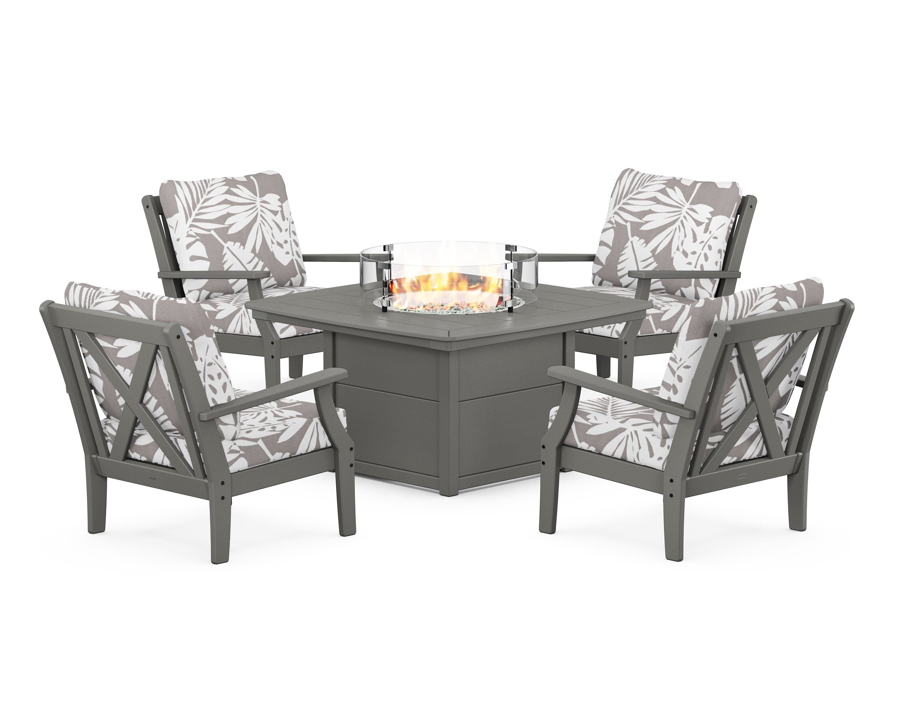 POLYWOOD® Braxton 5-Piece Deep Seating Conversation Set with Fire Pit Table in Slate Grey / Leaf Grey Mist