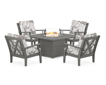 POLYWOOD® Braxton 5-Piece Deep Seating Conversation Set with Fire Pit Table in Slate Grey / Leaf Grey Mist