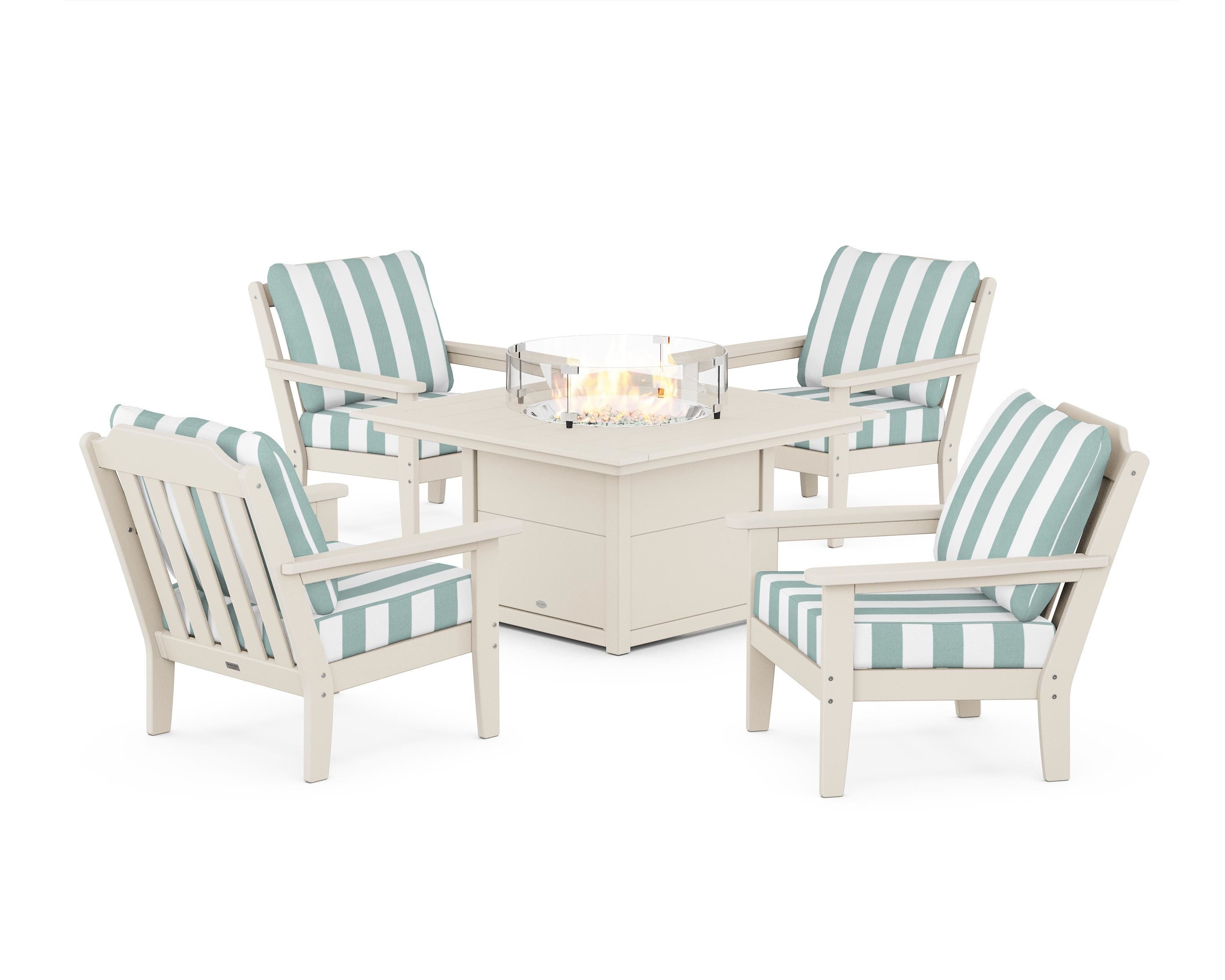 Country Living Cottage 5-Piece Deep Seating Set with Fire Pit Table in Sand / Cabana Stripe Glacier Spa