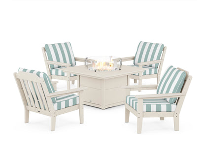 Country Living Cottage 5-Piece Deep Seating Set with Fire Pit Table in Sand / Cabana Stripe Glacier Spa
