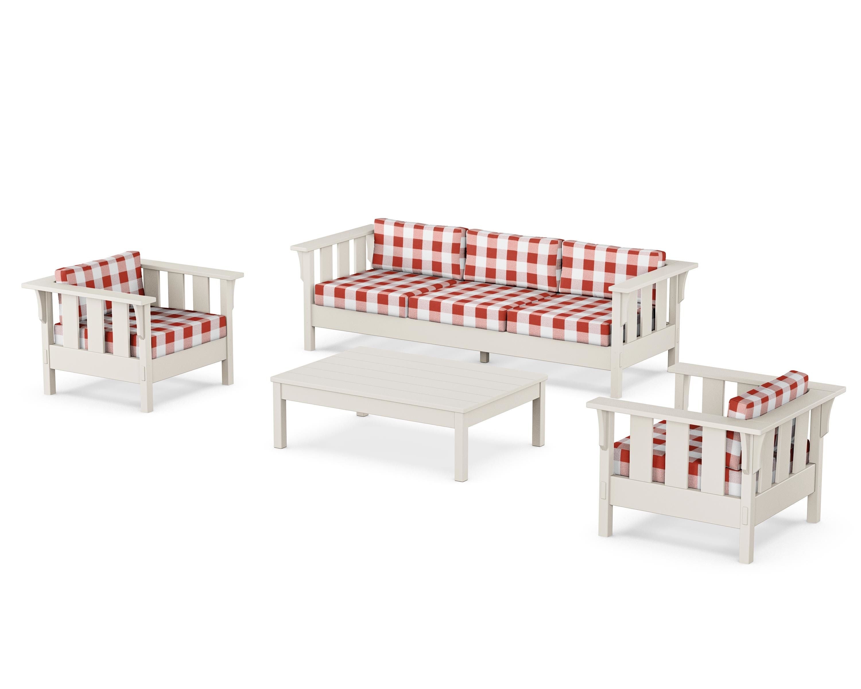 Martha Stewart by POLYWOOD® Acadia 4-Piece Deep Seating Set with Sofa in Sand / Buffalo Plaid Crimson