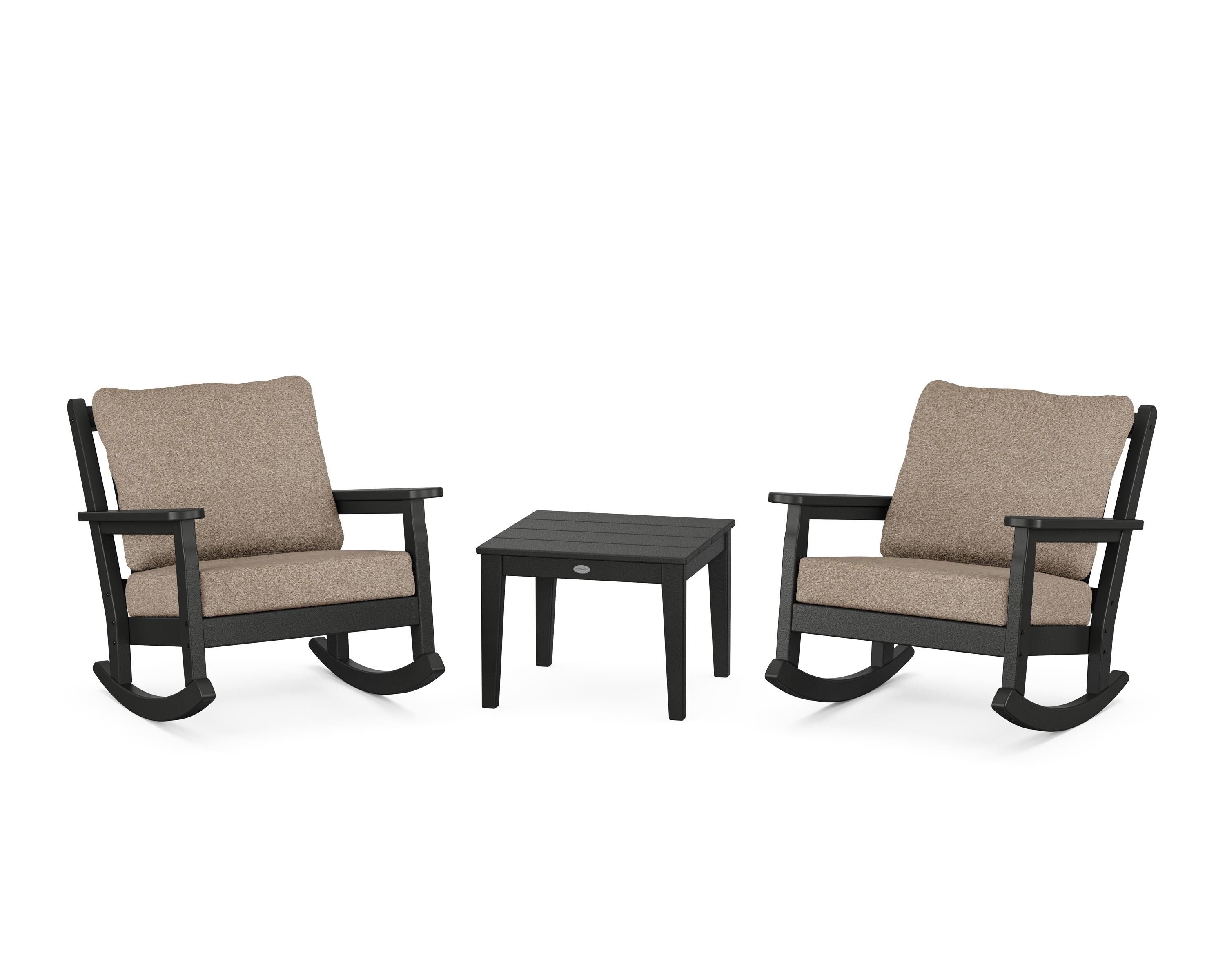 POLYWOOD® Chippendale 3-Piece Deep Seating Rocker Set in Black / Spiced Burlap
