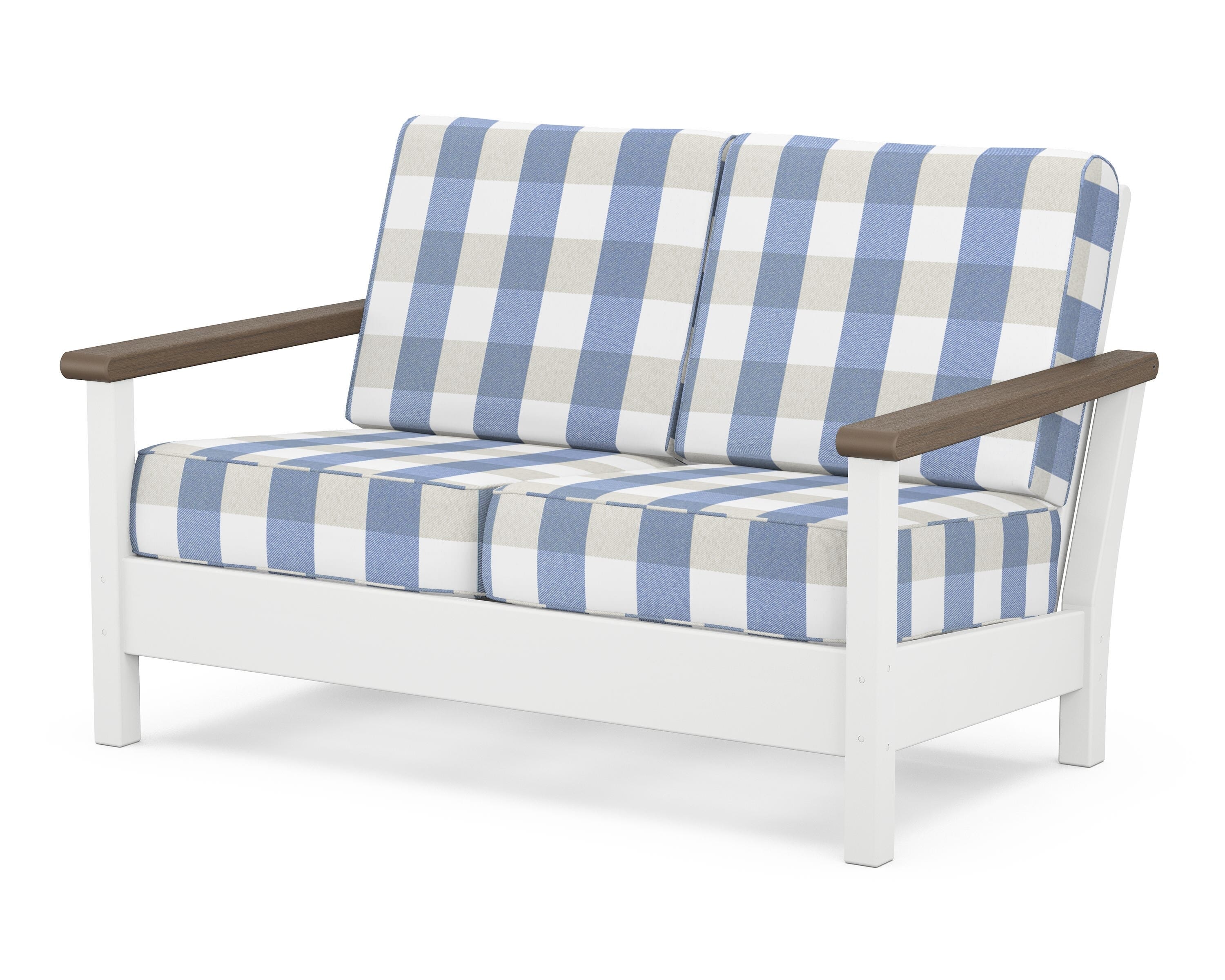 POLYWOOD® Harbour Deep Seating Loveseat in White / Kona / Buffalo Plaid Sky Blue
