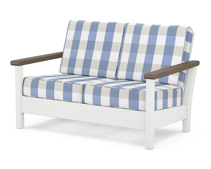 POLYWOOD® Harbour Deep Seating Loveseat in White / Kona / Buffalo Plaid Sky Blue