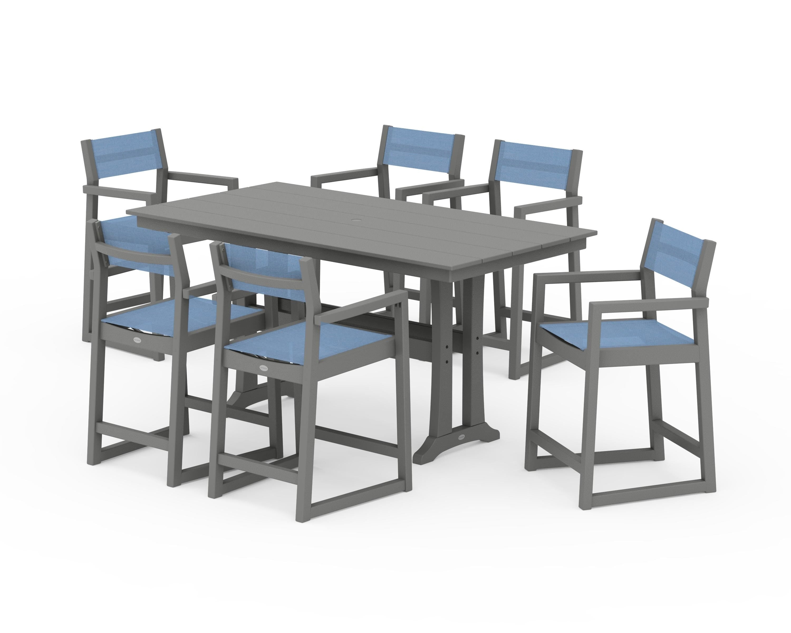 POLYWOOD® EDGE Sling Arm Chair 7-Piece Farmhouse Counter Set with Trestle Legs in Slate Grey / Poolside Sling