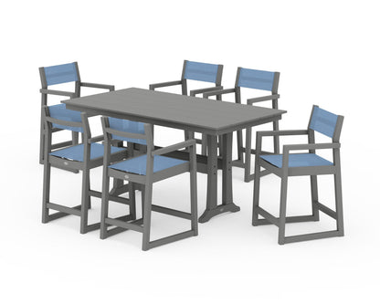 POLYWOOD® EDGE Sling Arm Chair 7-Piece Farmhouse Counter Set with Trestle Legs in Slate Grey / Poolside Sling