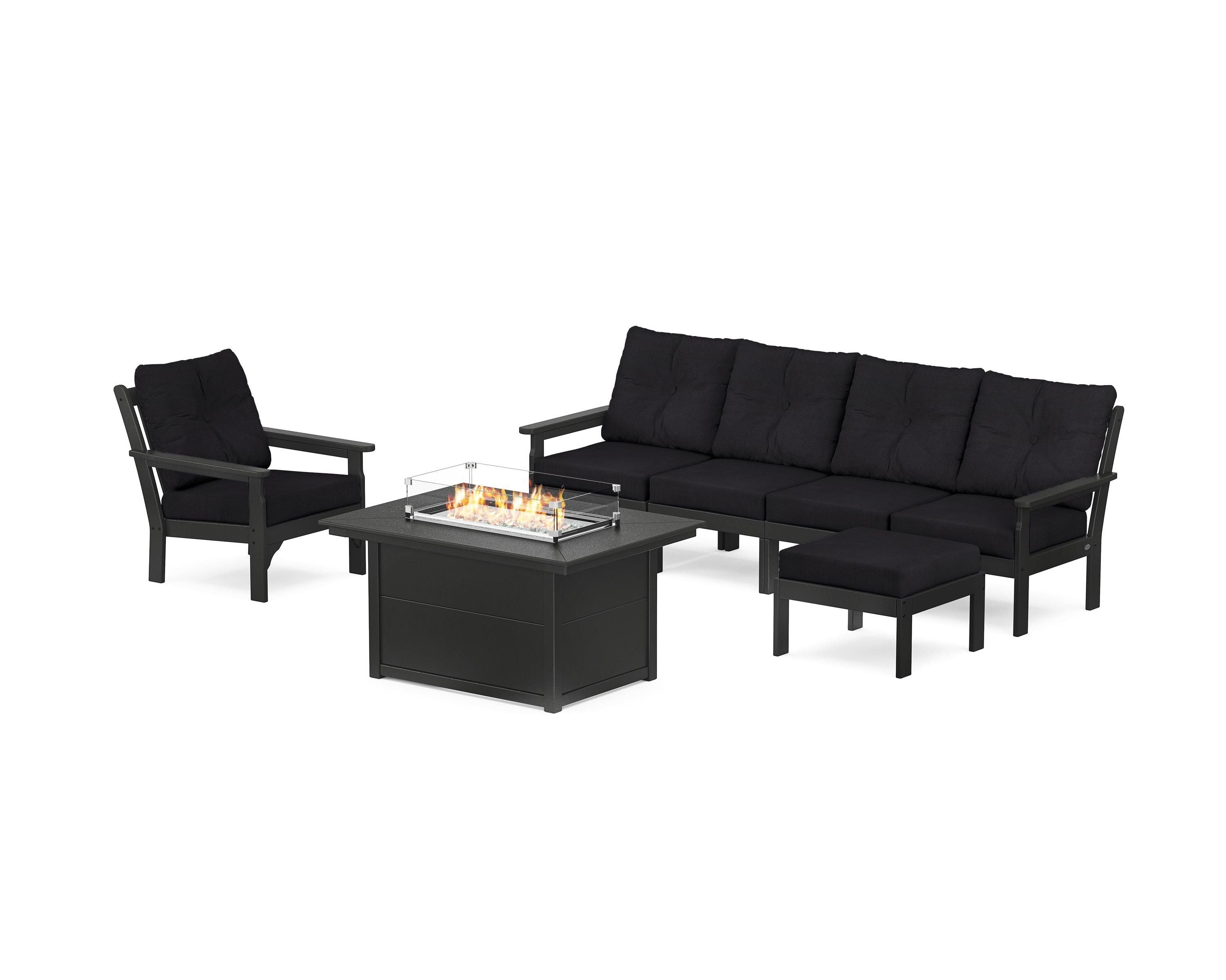POLYWOOD® Vineyard Sectional Lounge and Fire Pit Set in Black / Midnight Linen