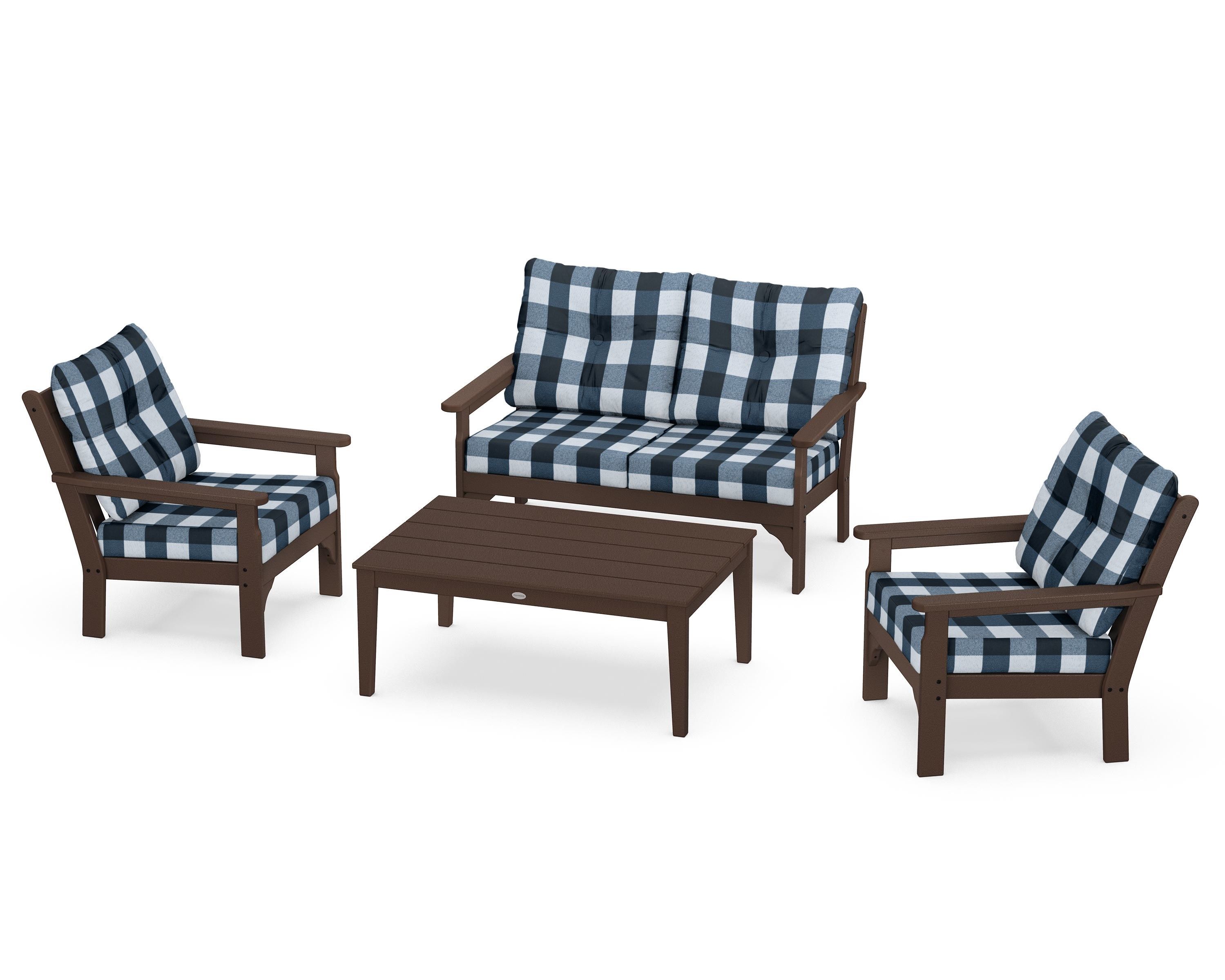 POLYWOOD® Vineyard 4-Piece Deep Seating Set in Mahogany / Buffalo Plaid Marine Indigo