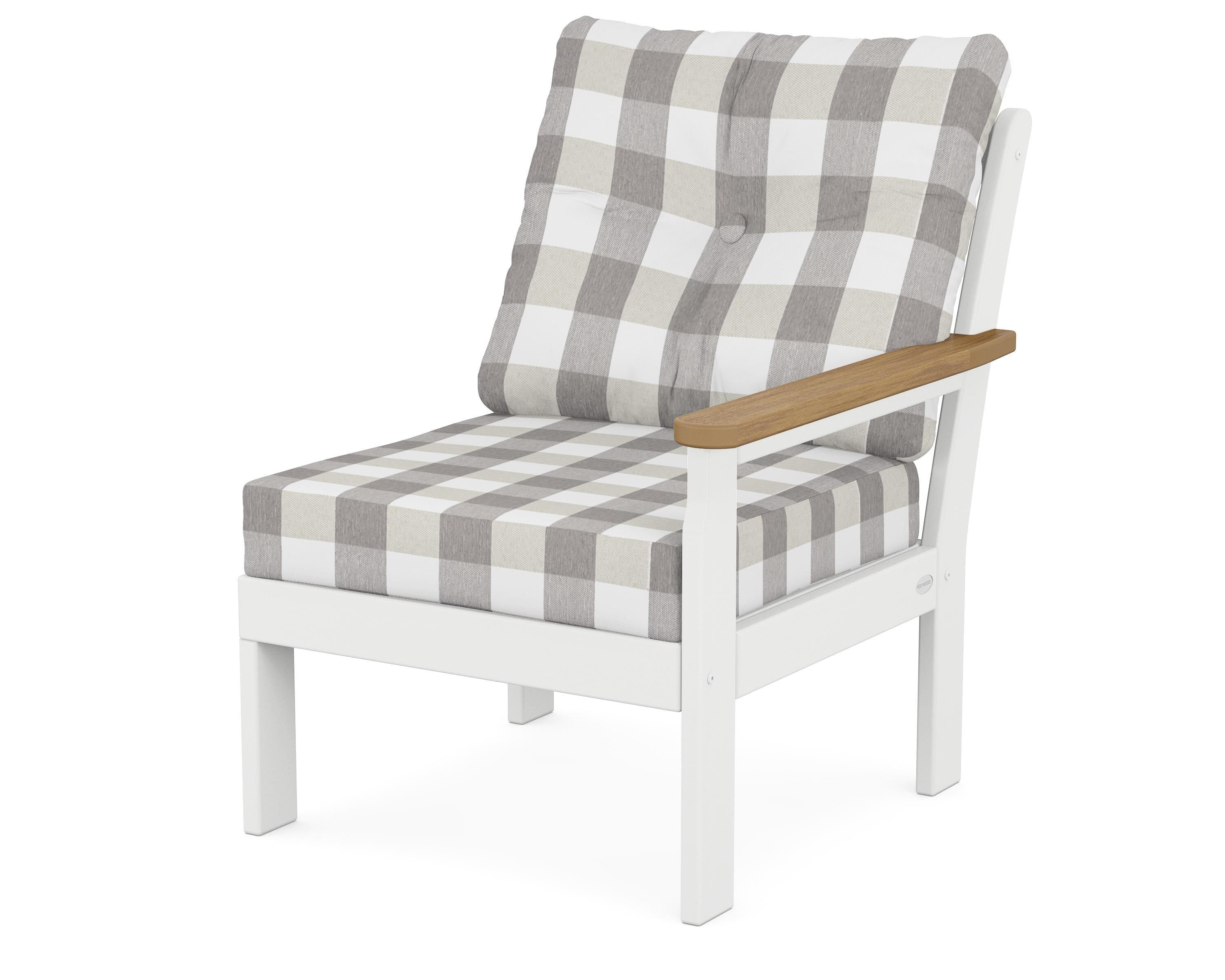 POLYWOOD® Vineyard Modular Right Arm Chair in White / Natural / Buffalo Plaid Grey Mist
