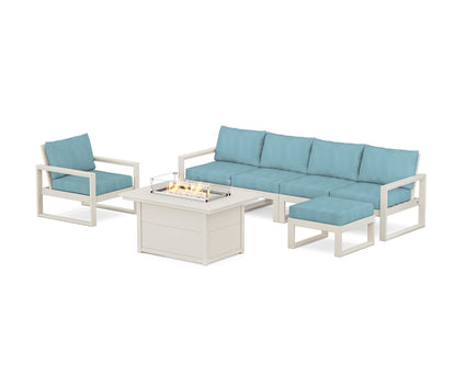 POLYWOOD® EDGE Sectional Lounge and Fire Pit Set in Sand / Lattice Sky Blue