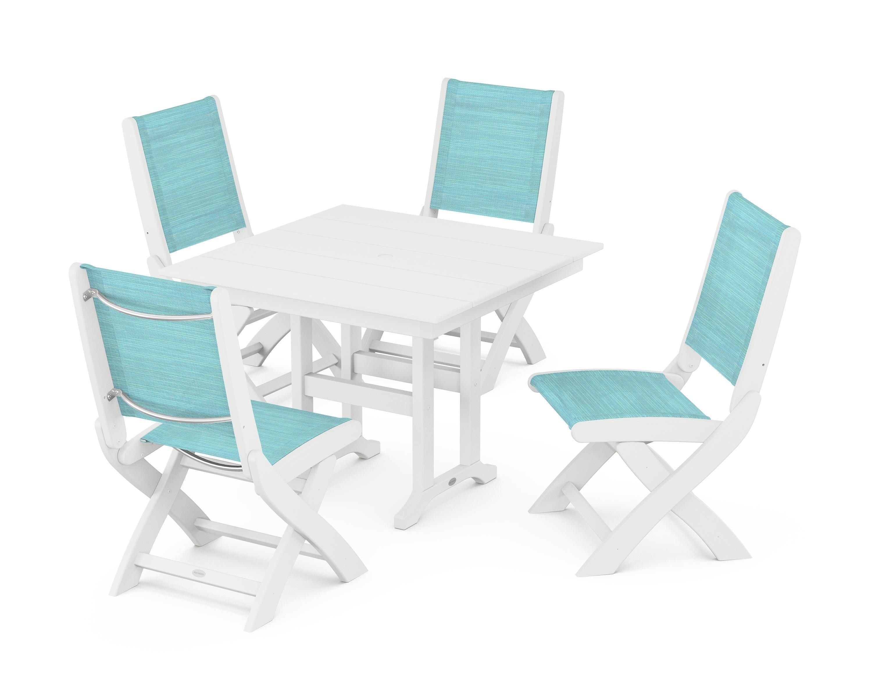 POLYWOOD® Coastal Folding Side Chair 5-Piece Farmhouse Dining Set in White / Dupioni Aquamarine Sling