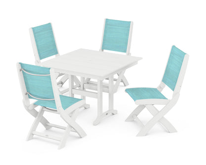 POLYWOOD® Coastal Folding Side Chair 5-Piece Farmhouse Dining Set in White / Dupioni Aquamarine Sling