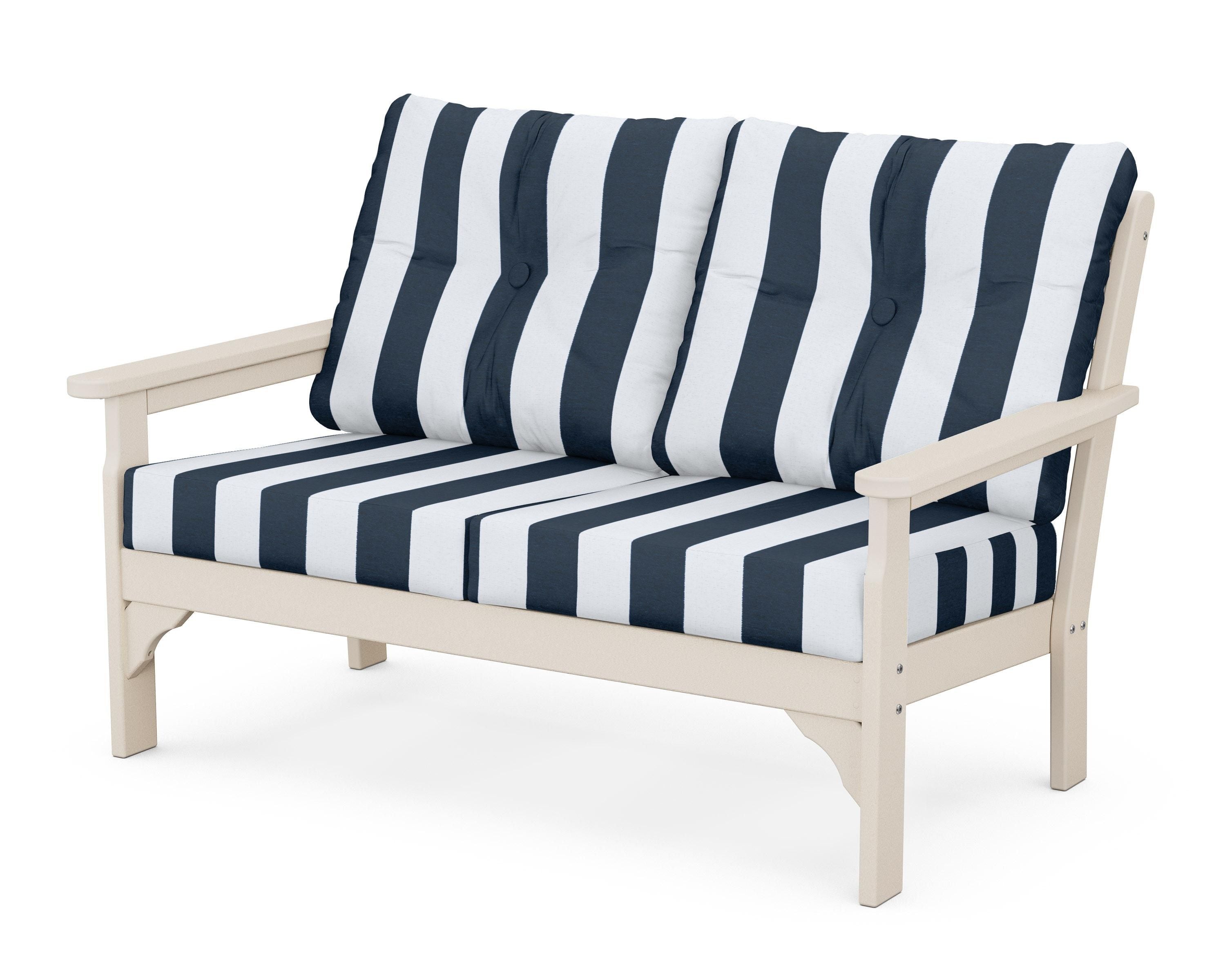 POLYWOOD® Vineyard Deep Seating Loveseat in Sand / Cabana Stripe Marine Indigo