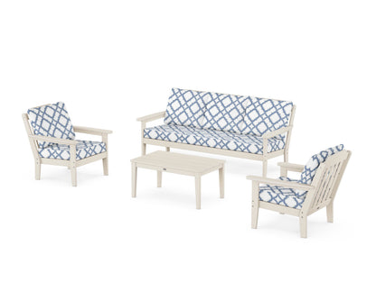 Country Living Cottage 4-Piece Deep Seating Set with Sofa in Sand / Trellis Sky Blue