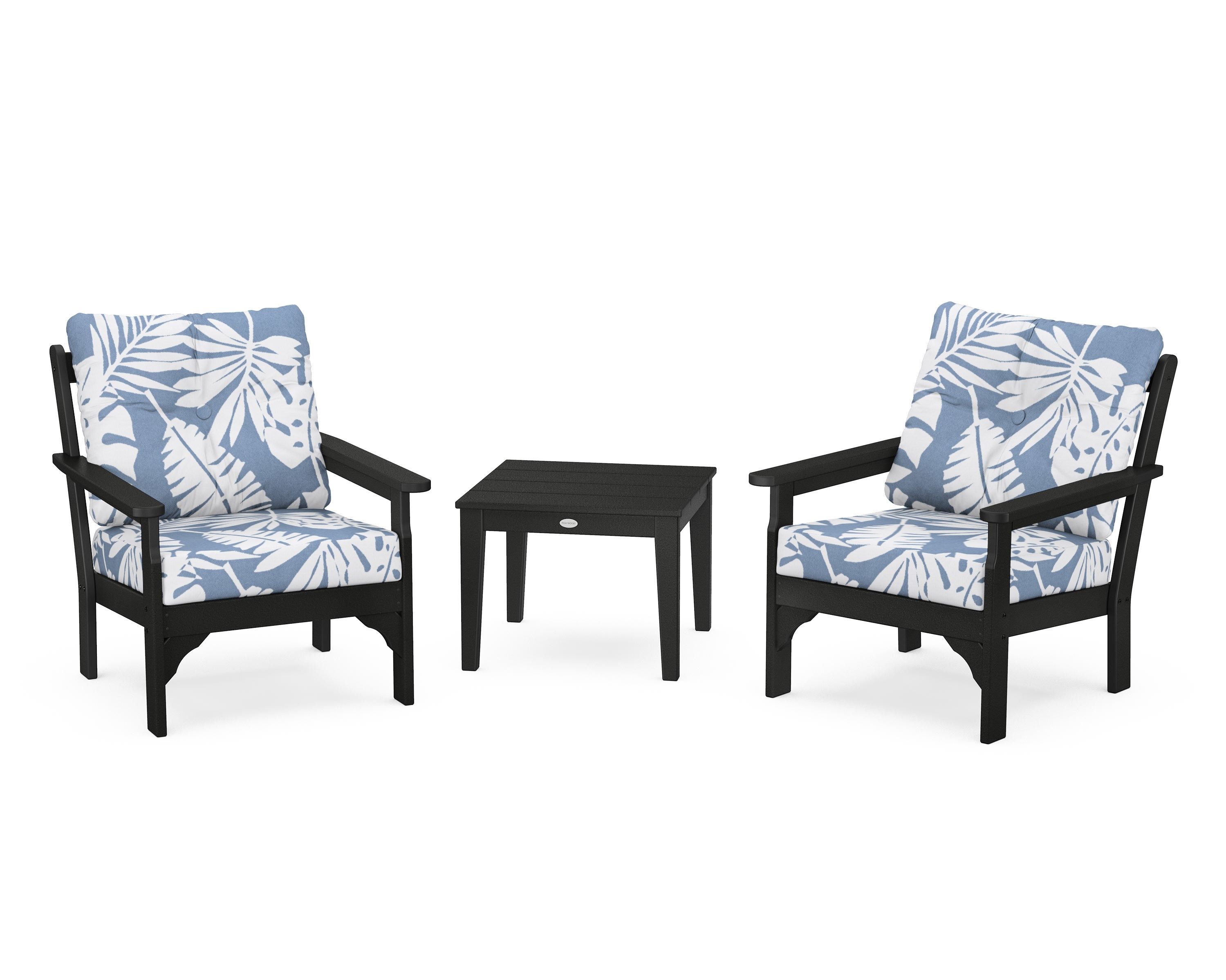 POLYWOOD® Vineyard 3-Piece Deep Seating Set in Black / Leaf Sky Blue