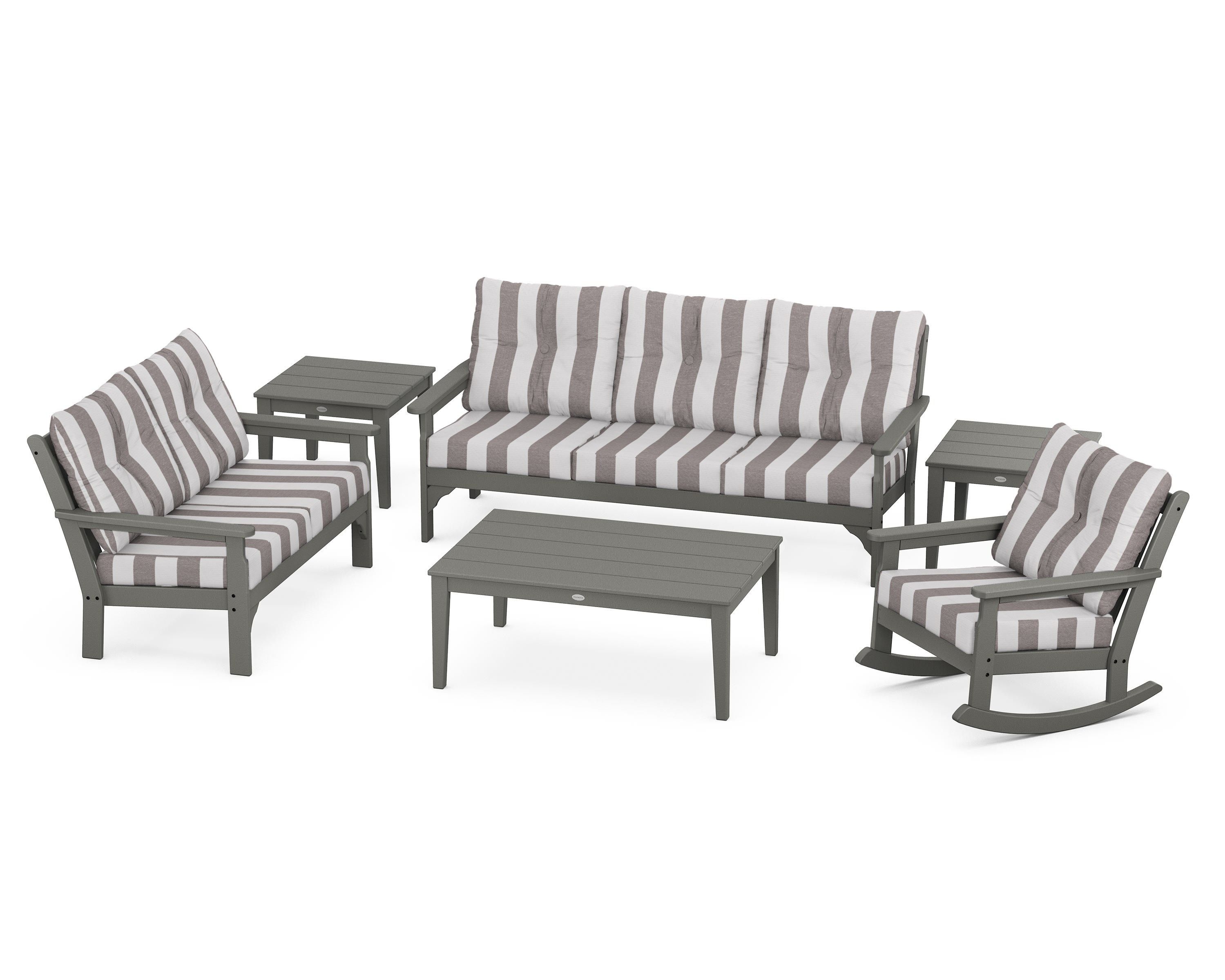 POLYWOOD® Vineyard 6-Piece Deep Seating Set in Slate Grey / Cabana Stripe Grey Mist