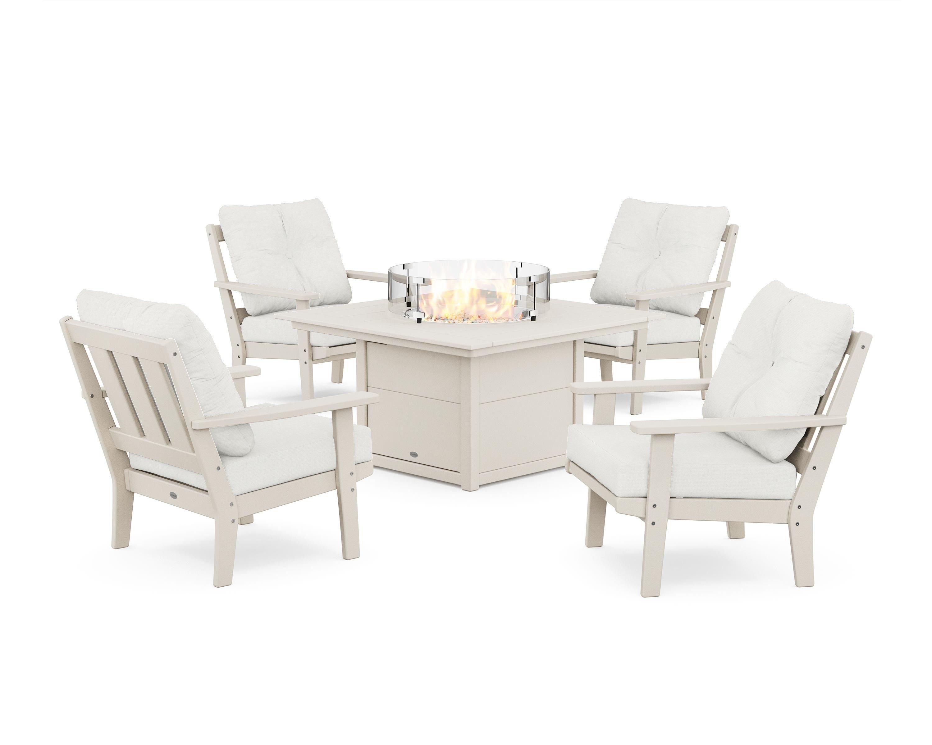 POLYWOOD® Oxford 5-Piece Deep Seating Set with Fire Pit Table in Sand / Natural Linen