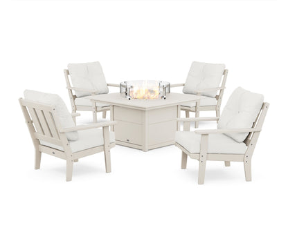 POLYWOOD® Oxford 5-Piece Deep Seating Set with Fire Pit Table in Sand / Natural Linen