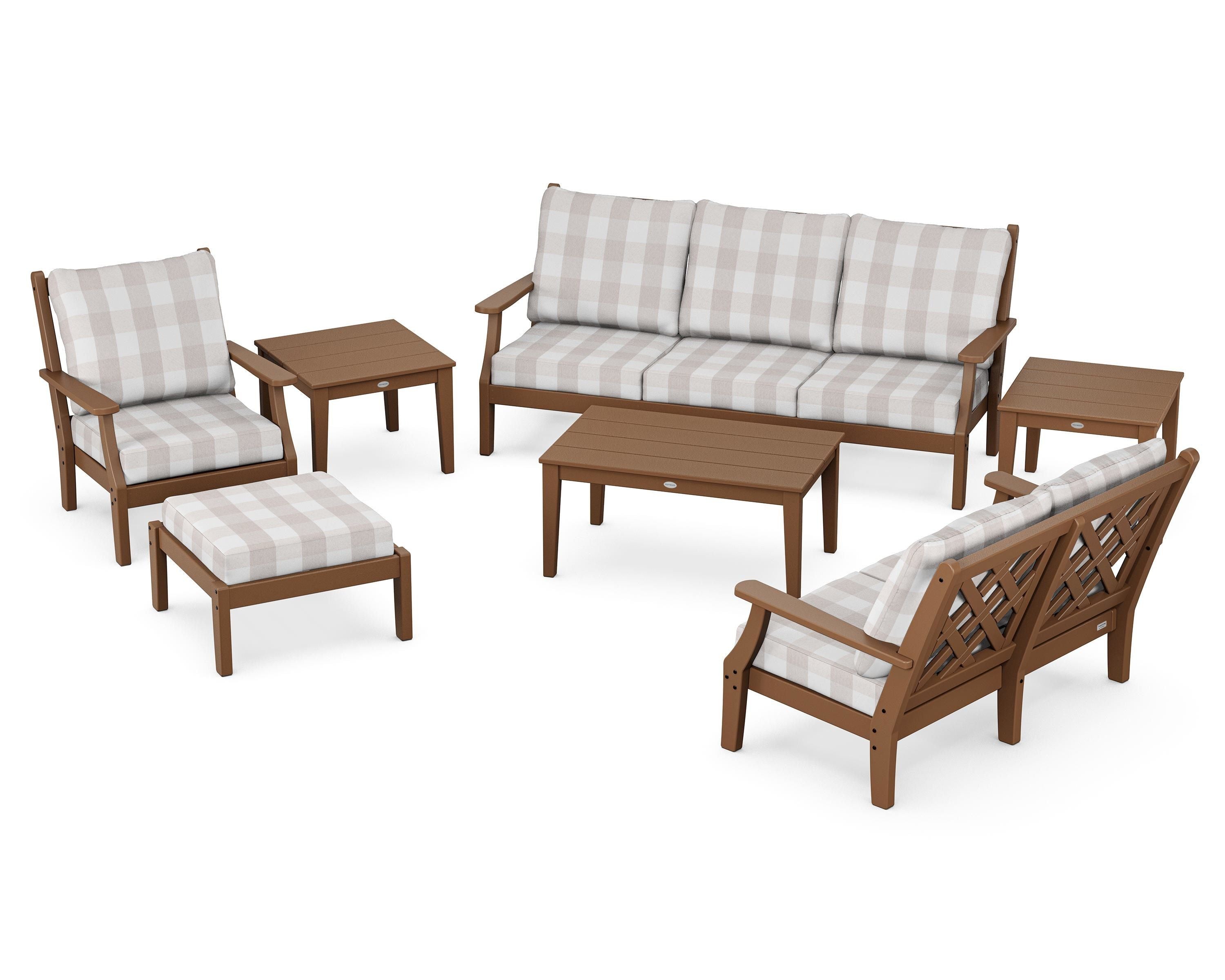 Country Living Wovendale 7-Piece Deep Seating Set in Teak / Buffalo Plaid Dune Burlap