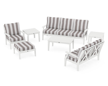 POLYWOOD® Braxton 7-Piece Deep Seating Set in White / Cabana Stripe Grey Mist