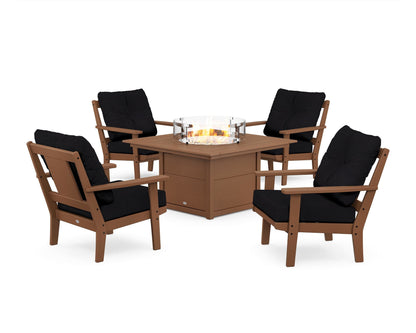 POLYWOOD® Prairie 5-Piece Deep Seating Set with Fire Pit Table in Teak / Midnight Linen