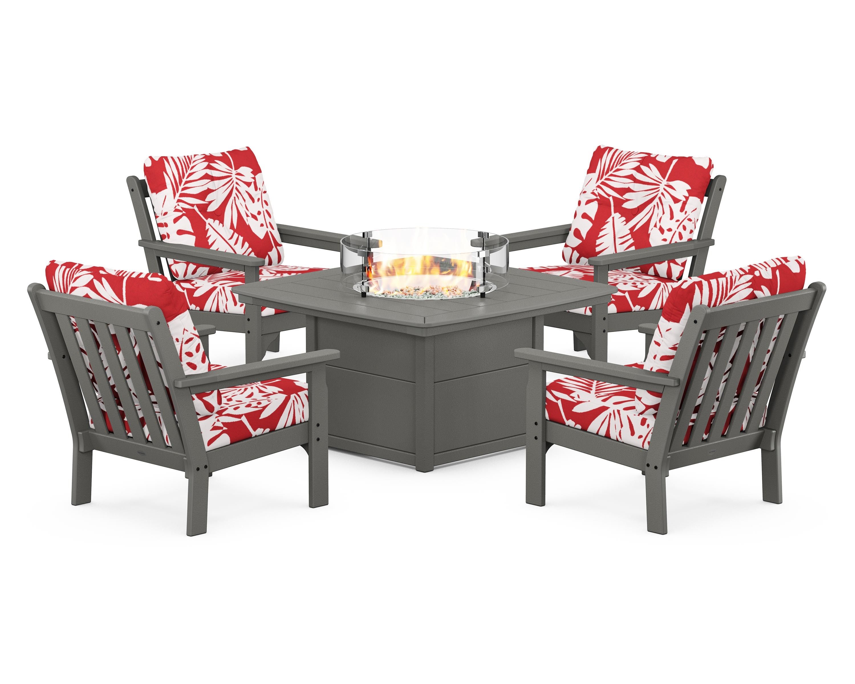 POLYWOOD® Vineyard 5-Piece Conversation Set with Fire Pit Table in Slate Grey / Leaf Crimson