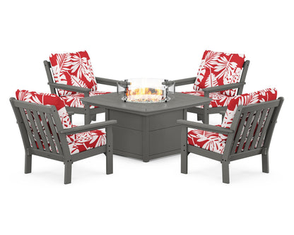POLYWOOD® Vineyard 5-Piece Conversation Set with Fire Pit Table in Slate Grey / Leaf Crimson