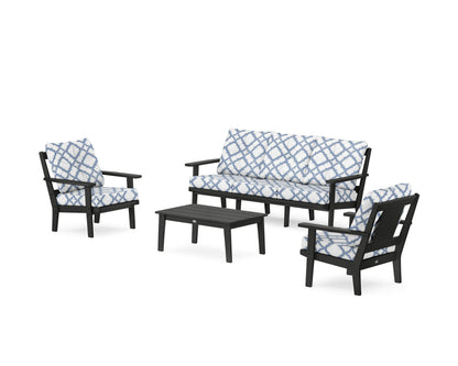 POLYWOOD® Prairie 4-Piece Deep Seating Set with Sofa in Black / Trellis Sky Blue