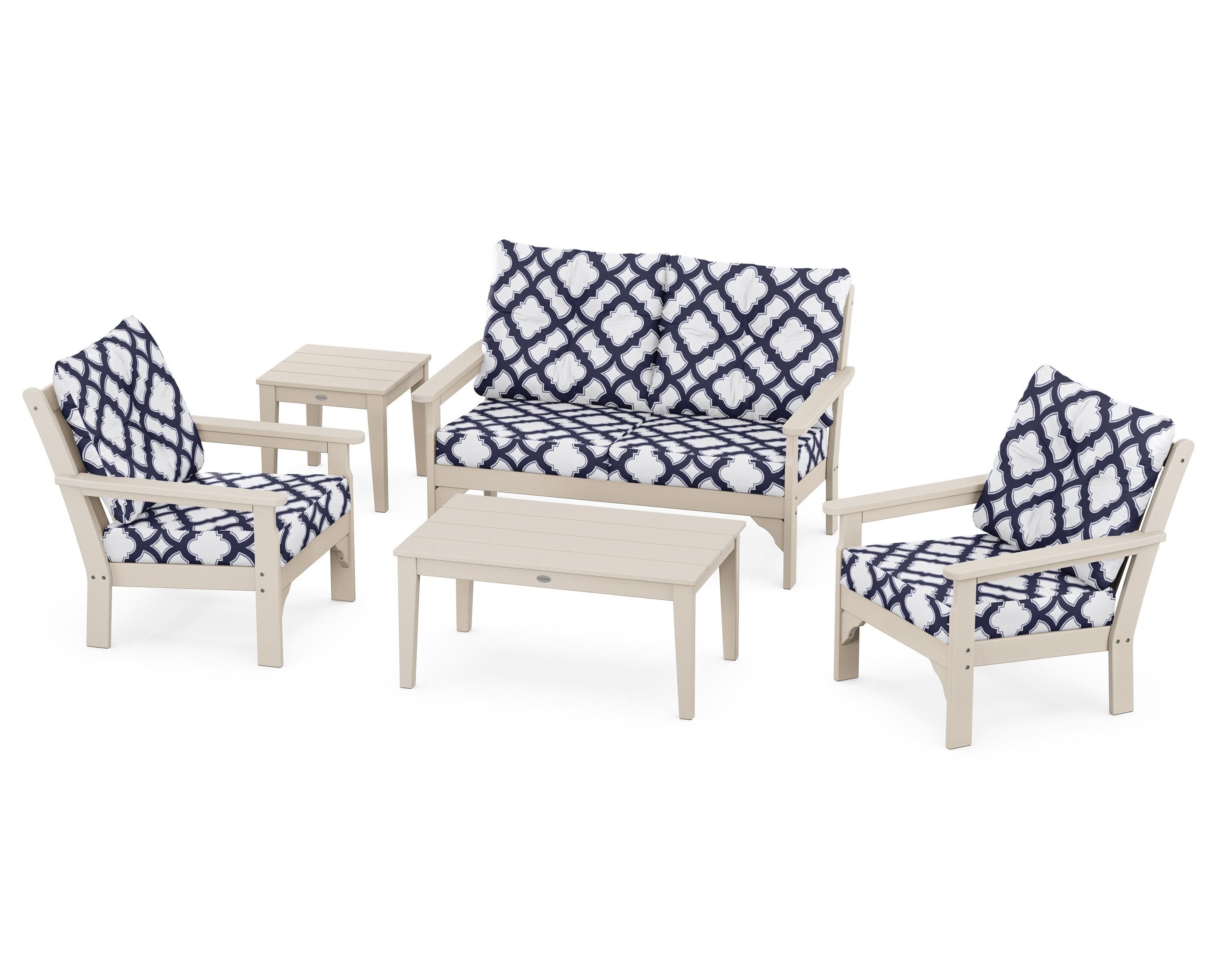 POLYWOOD® Vineyard 5-Piece Deep Seating Set in Sand / Trellis Navy