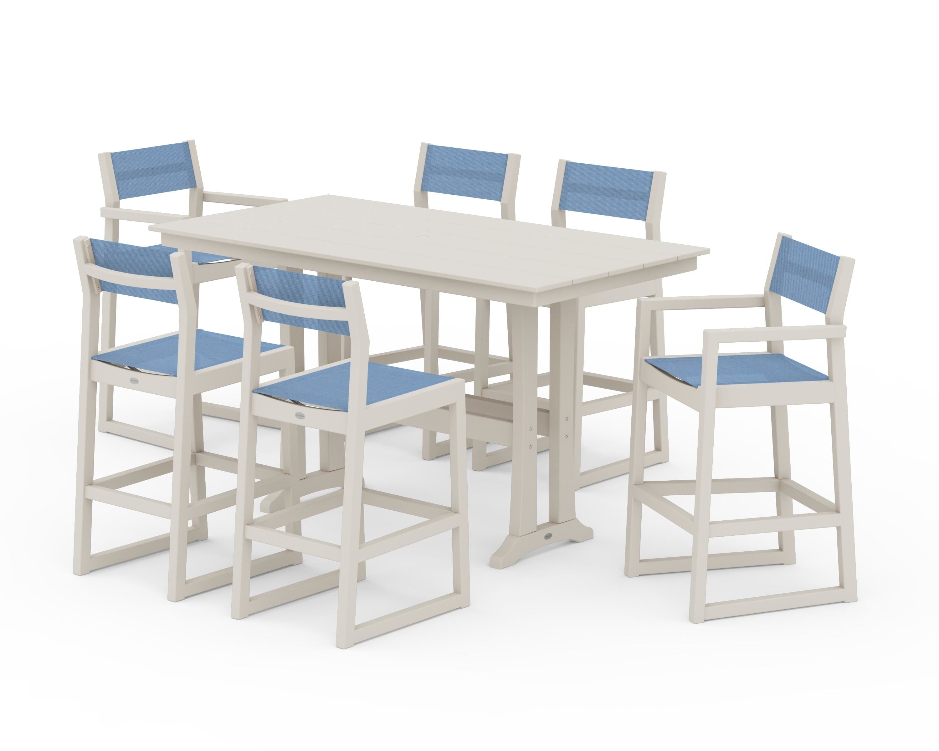 POLYWOOD® EDGE Sling 7-Piece Farmhouse Bar Set with Trestle Legs in Sand / Poolside Sling