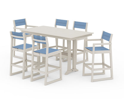 POLYWOOD® EDGE Sling 7-Piece Farmhouse Bar Set with Trestle Legs in Sand / Poolside Sling