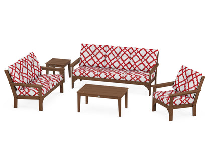 POLYWOOD® Vineyard 5 Piece Deep Seating Set in Teak / Trellis Crimson