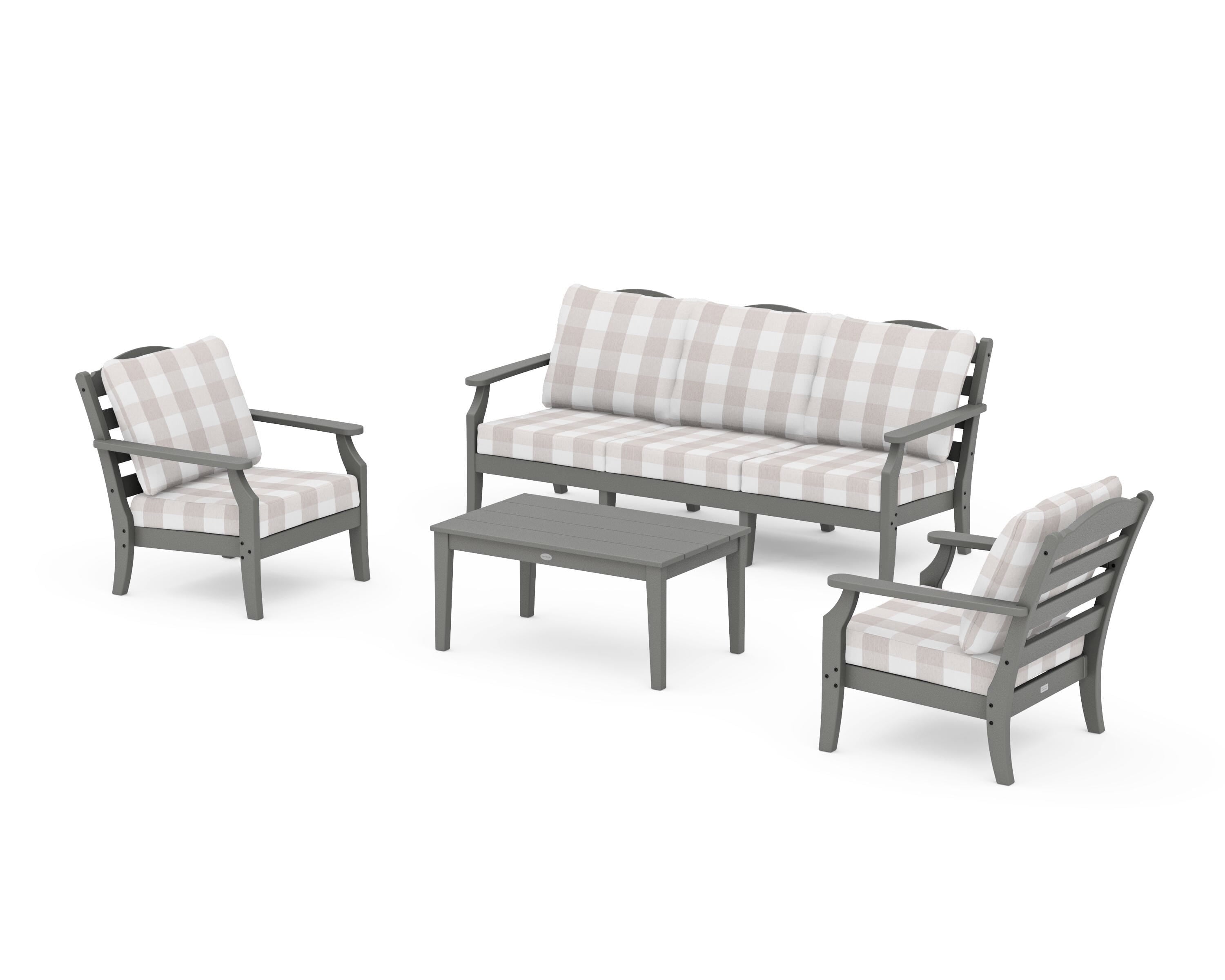 Draper James™ by  POLYWOOD® Savannah 4-Piece Deep Seating Set with Sofa in Slate Grey / Buffalo Plaid Dune Burlap