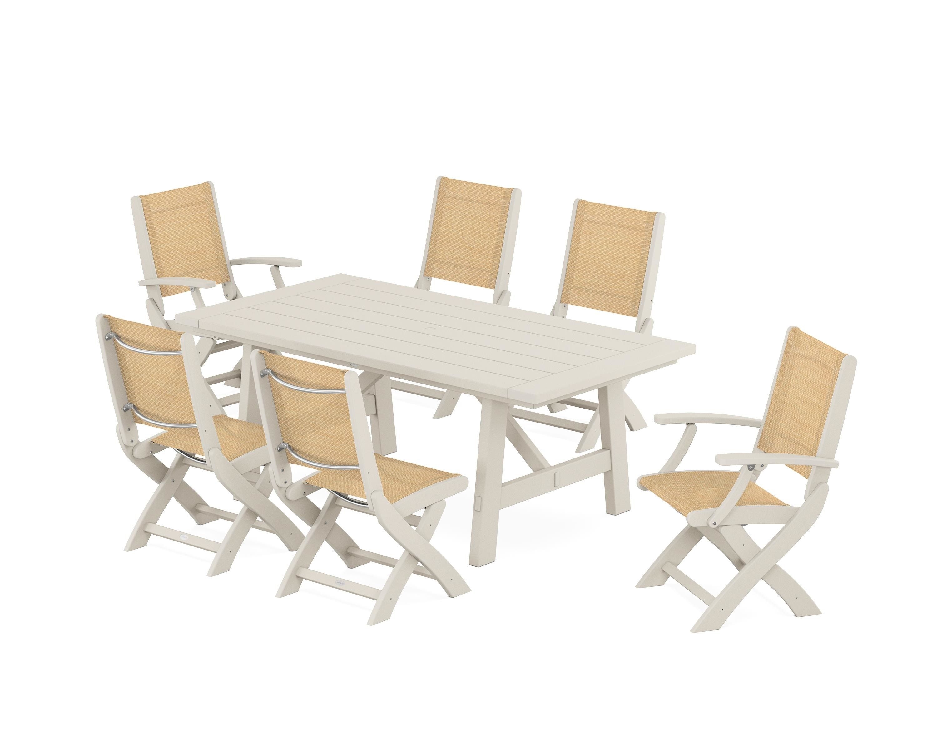 POLYWOOD® Coastal Folding Chair 7-Piece Rustic Farmhouse Dining Set in Sand / Dupioni Apricot Sling