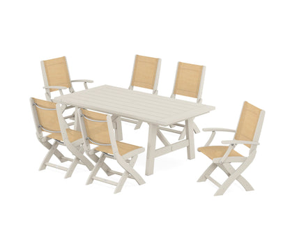 POLYWOOD® Coastal Folding Chair 7-Piece Rustic Farmhouse Dining Set in Sand / Dupioni Apricot Sling