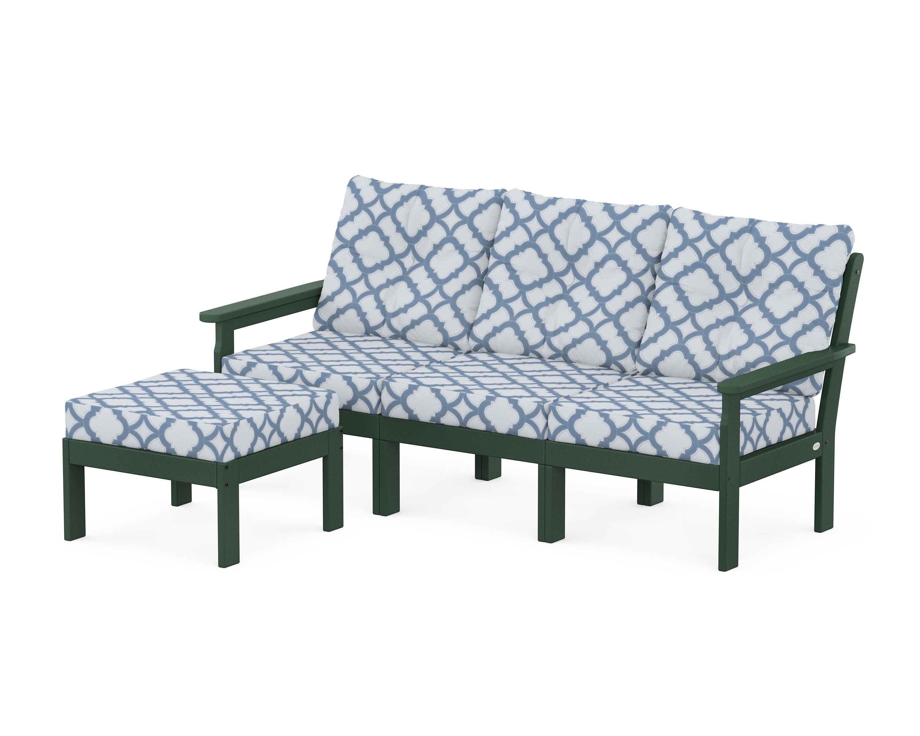 POLYWOOD® Vineyard 4-Piece Sectional with Ottoman in Green / Trellis Sky Blue
