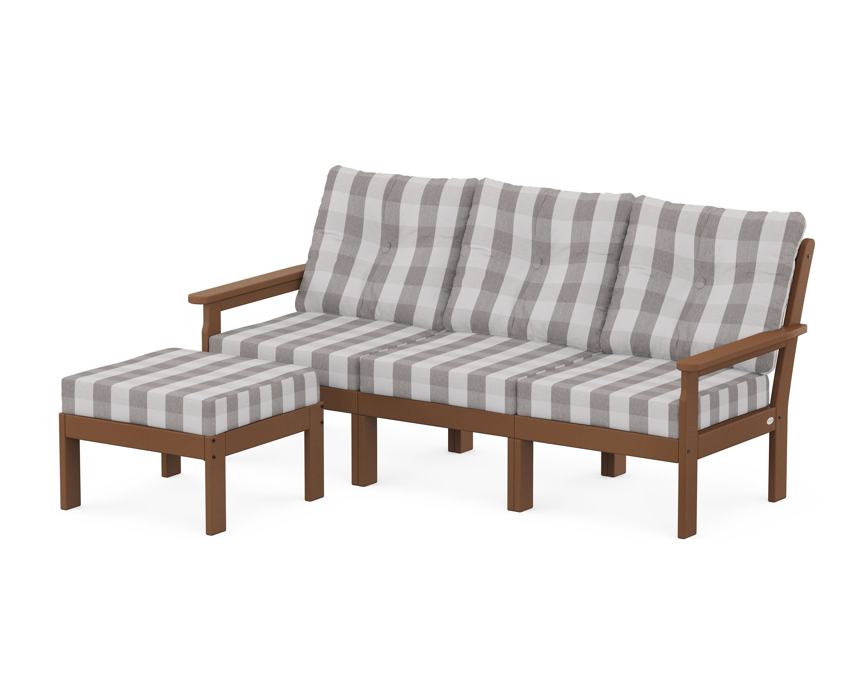 POLYWOOD® Vineyard 4-Piece Sectional with Ottoman in Teak / Buffalo Plaid Grey Mist