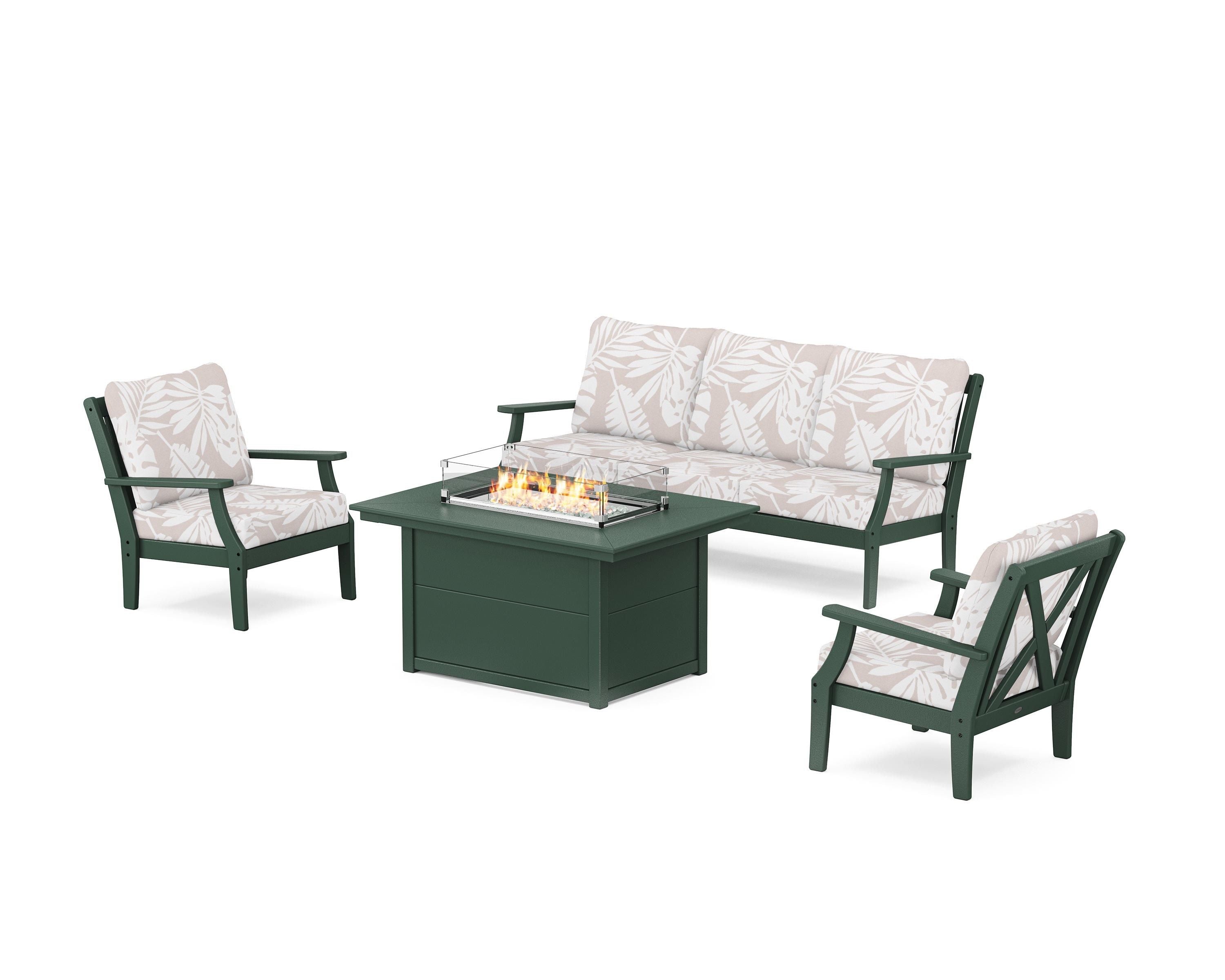 POLYWOOD® Braxton Deep Seating Fire Pit Table Set in Green / Leaf Dune Burlap