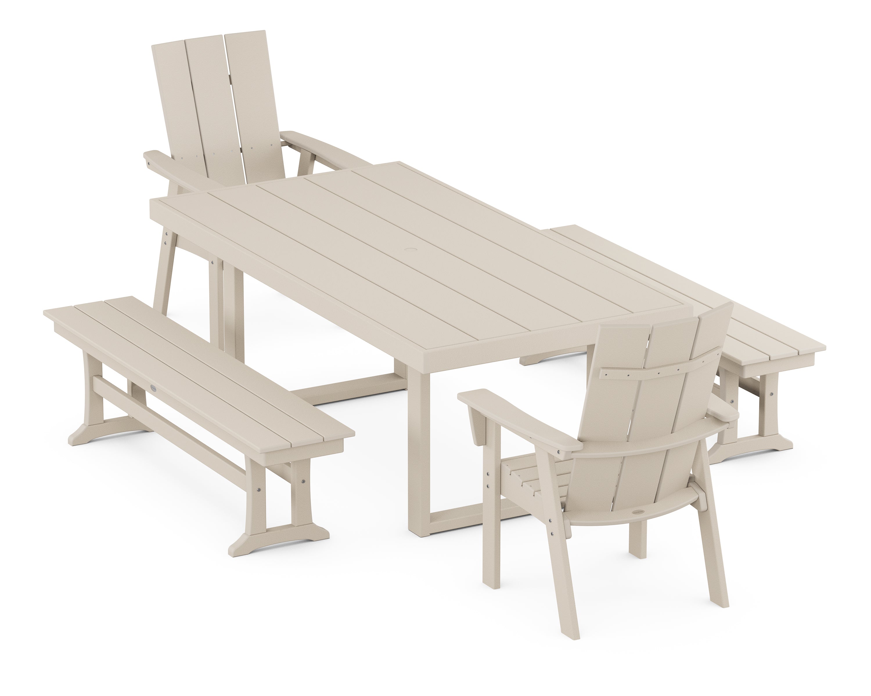 POLYWOOD® Modern Curveback Adirondack 5-Piece Dining Set with Benches in Sand