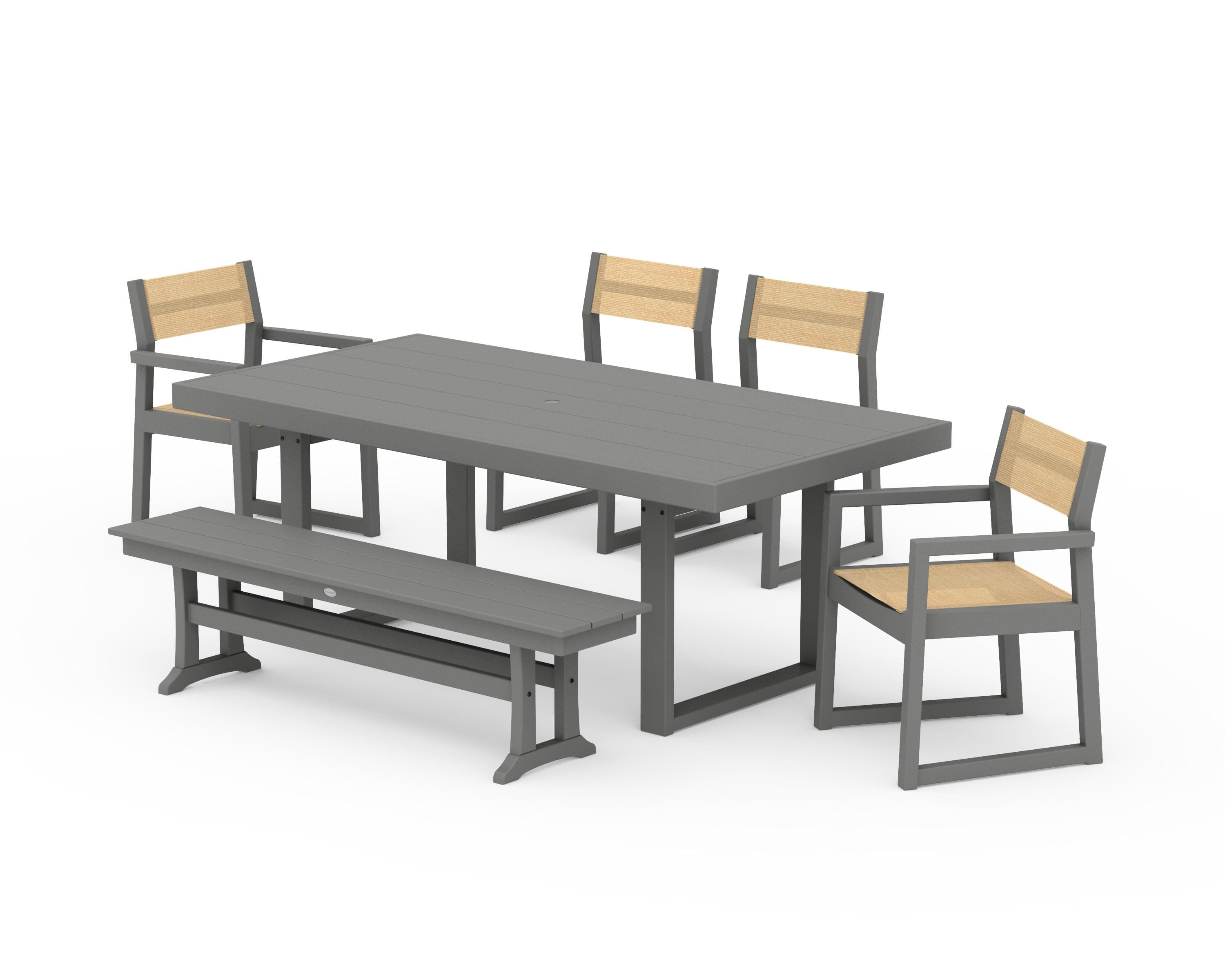 POLYWOOD® EDGE Sling 6-Piece Dining Set with Bench in Slate Grey / Dupioni Apricot Sling