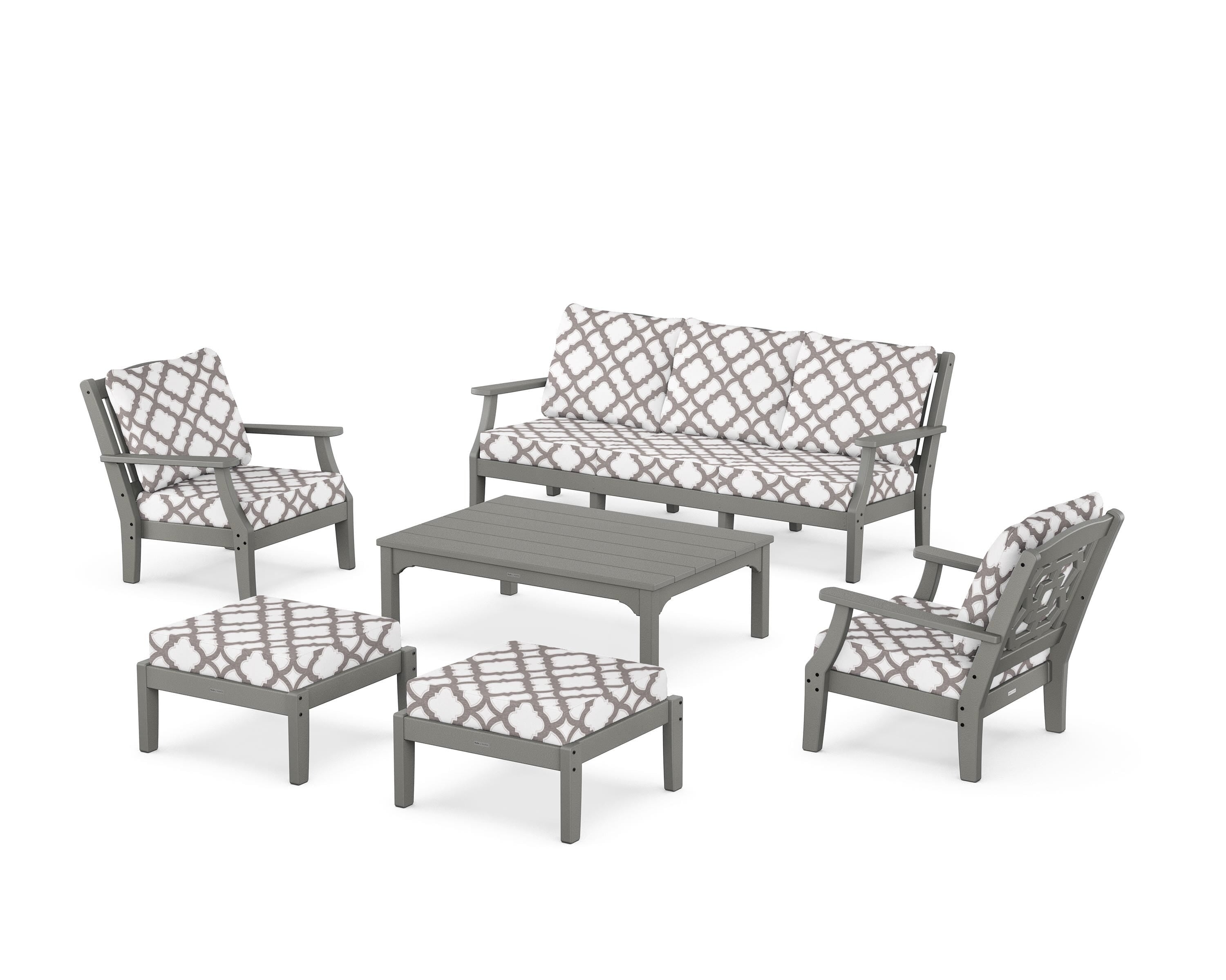 Martha Stewart by POLYWOOD® Chinoiserie 6-Piece Lounge Sofa Set in Slate Grey / Trellis Grey Mist