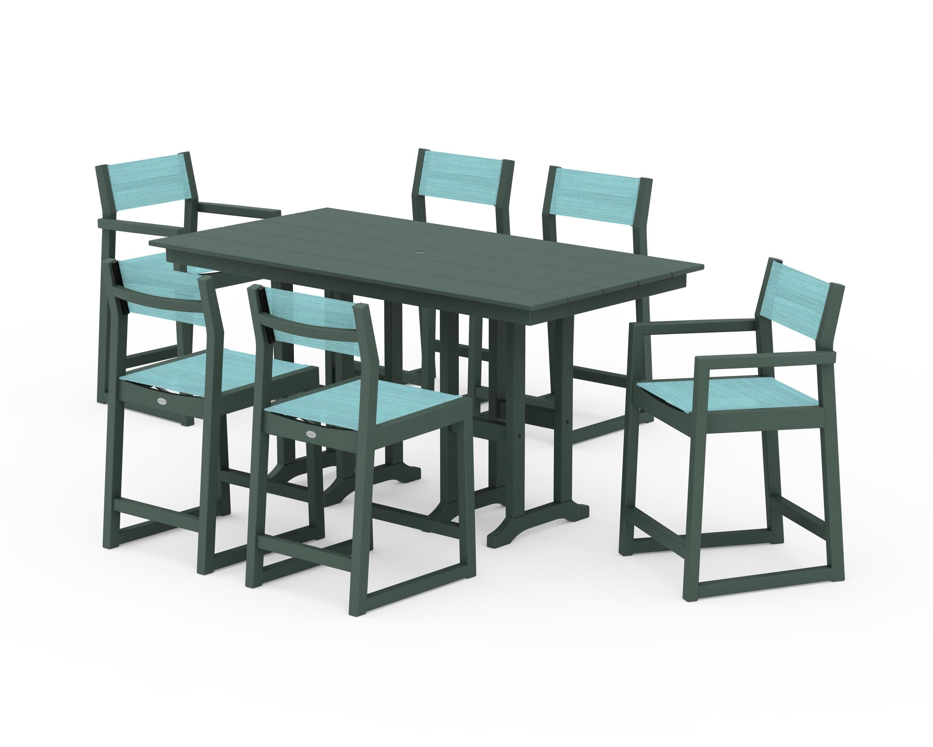 POLYWOOD® EDGE Sling 7-Piece Farmhouse Counter Set with Trestle Legs in Green / Dupioni Aquamarine Sling